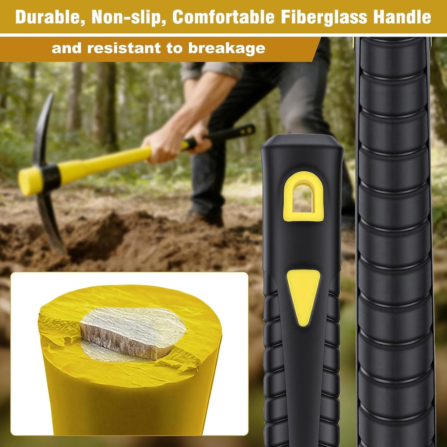 36 Inch Pick Mattock – Heavy Duty Rail Steel Garden Hoe with Fiberglass Handle, 2 in 1 Adze Hoe & Pick Axe for Digging, Landscaping, Yard Work, Outdoor