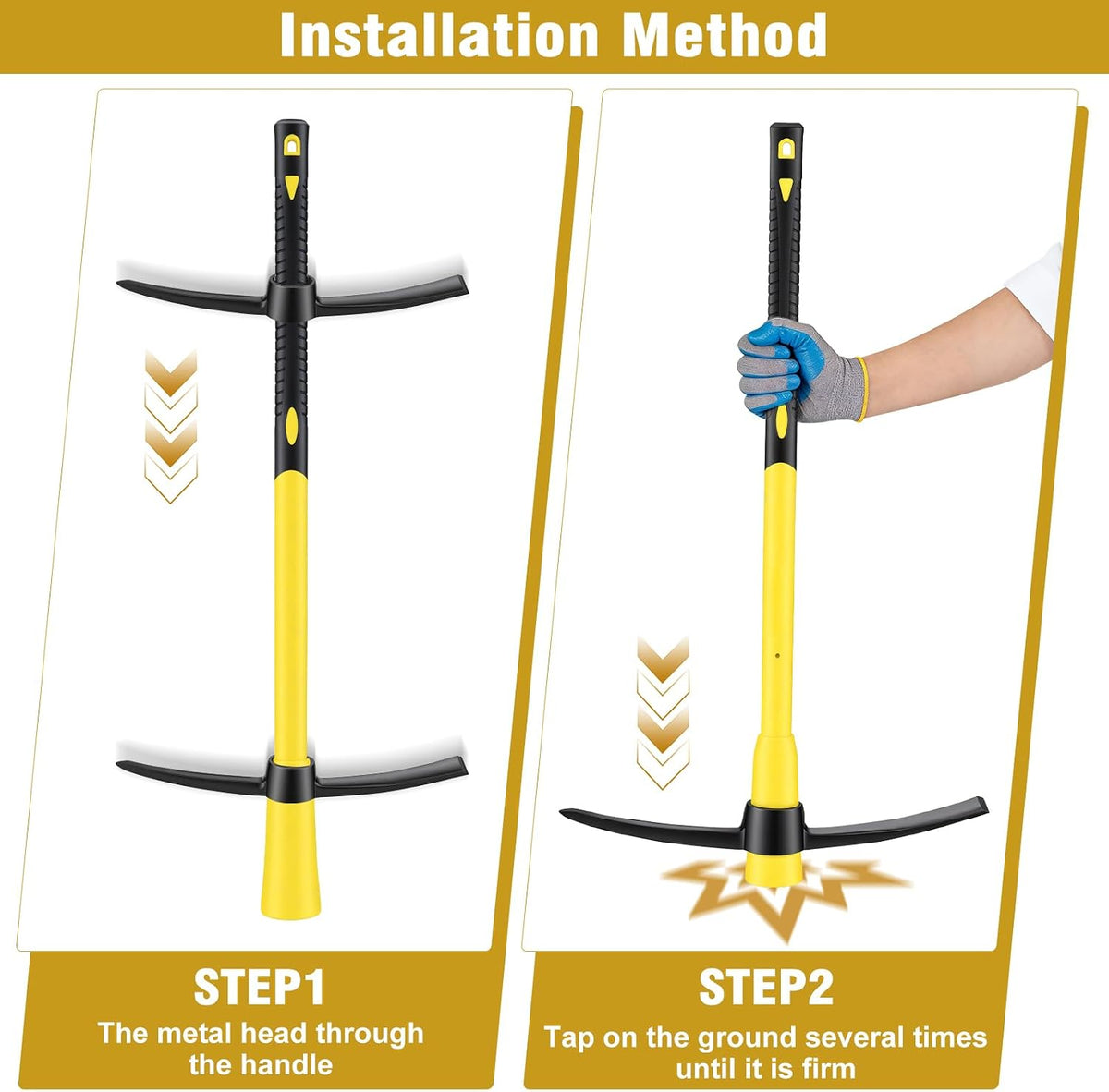 36 Inch Pick Mattock – Heavy Duty Rail Steel Garden Hoe with Fiberglass Handle, 2 in 1 Adze Hoe & Pick Axe for Digging, Landscaping, Yard Work, Outdoor