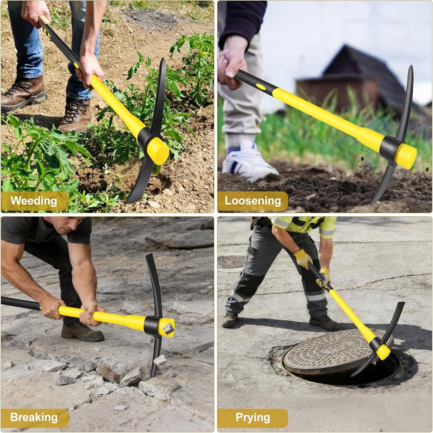 36 Inch Pick Mattock – Heavy Duty Rail Steel Garden Hoe with Fiberglass Handle, 2 in 1 Adze Hoe & Pick Axe for Digging, Landscaping, Yard Work, Outdoor