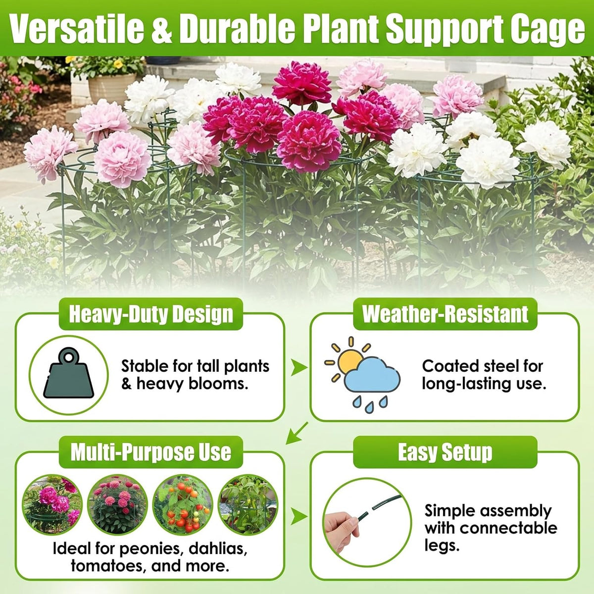 Peony Cages and Supports - 8 Pack Plant Support Ring with 4 Legs
