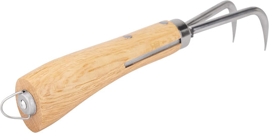 NJP956 Nekaki Nihondume Handheld Double Claw Cultivator, Japanese Stainless Steel Tine Length 1.5-Inch, 5.5-Inch Polished Wood Handle