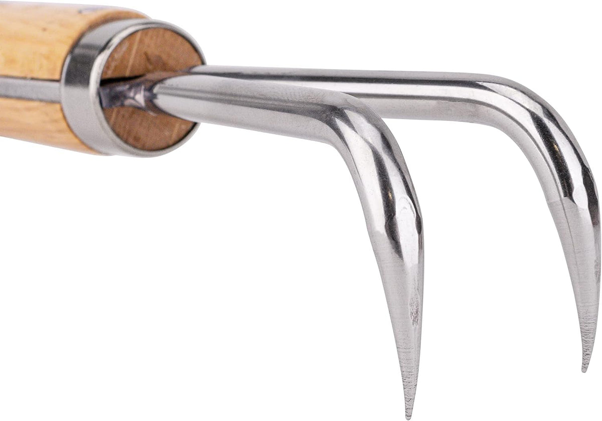 NJP956 Nekaki Nihondume Handheld Double Claw Cultivator, Japanese Stainless Steel Tine Length 1.5-Inch, 5.5-Inch Polished Wood Handle