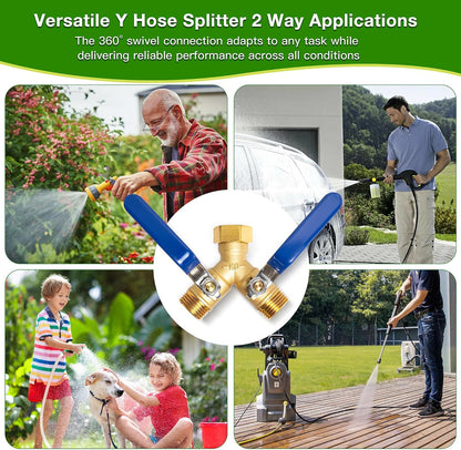 Brass Hose Splitter 2 Way, Y Garden Hose Splitter for Outdoor Faucet