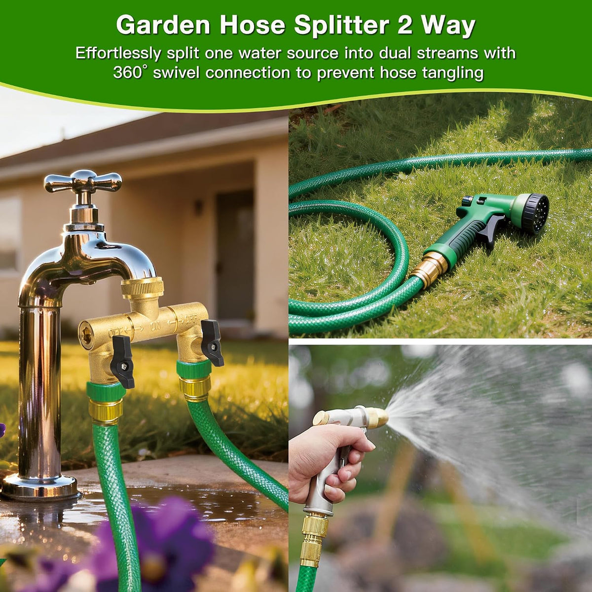 Brass Hose Splitter 2 Way, Y Garden Hose Splitter for Outdoor Faucet