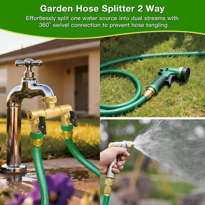 Brass Hose Splitter 2 Way, Y Garden Hose Splitter for Outdoor Faucet