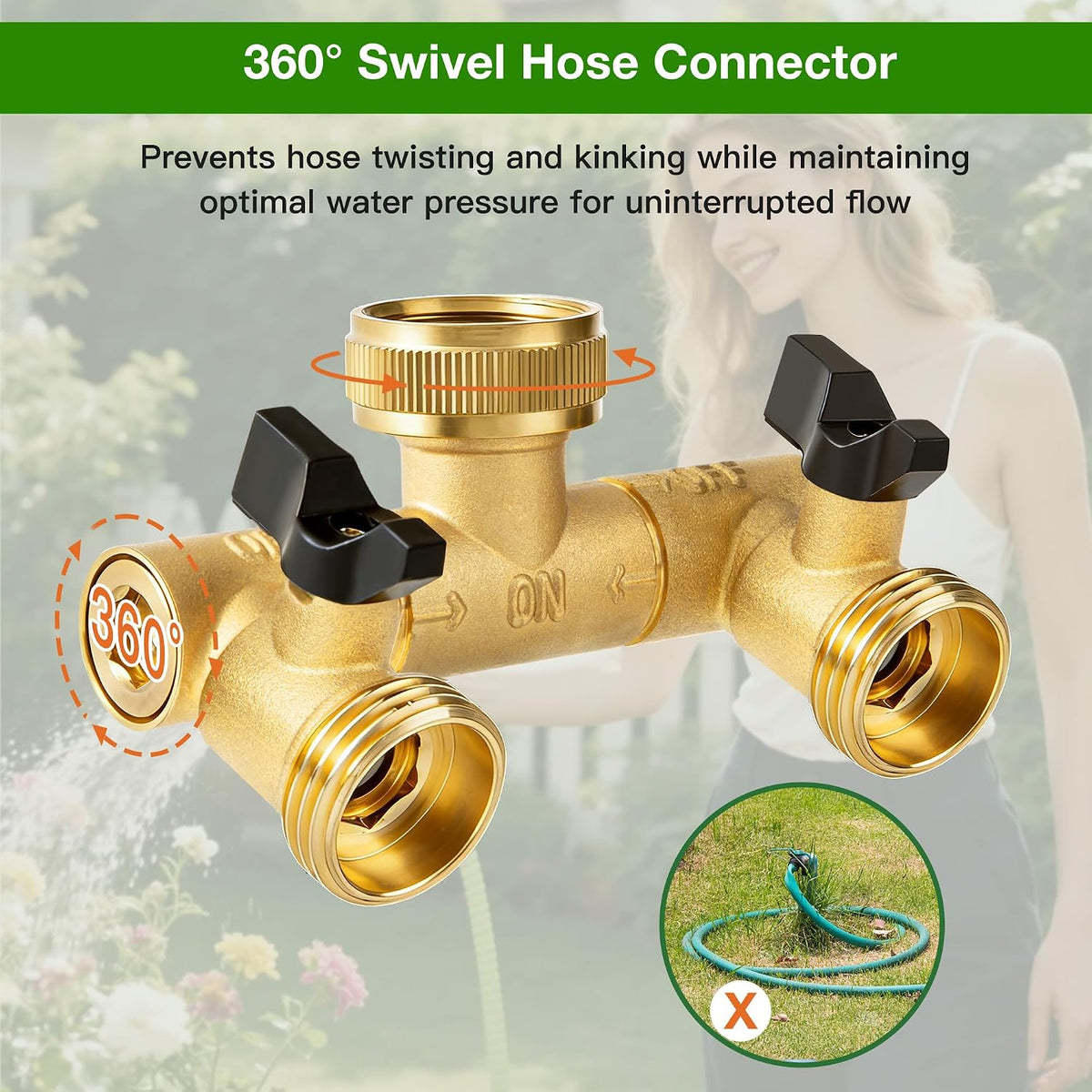 Brass Hose Splitter 2 Way, Y Garden Hose Splitter for Outdoor Faucet