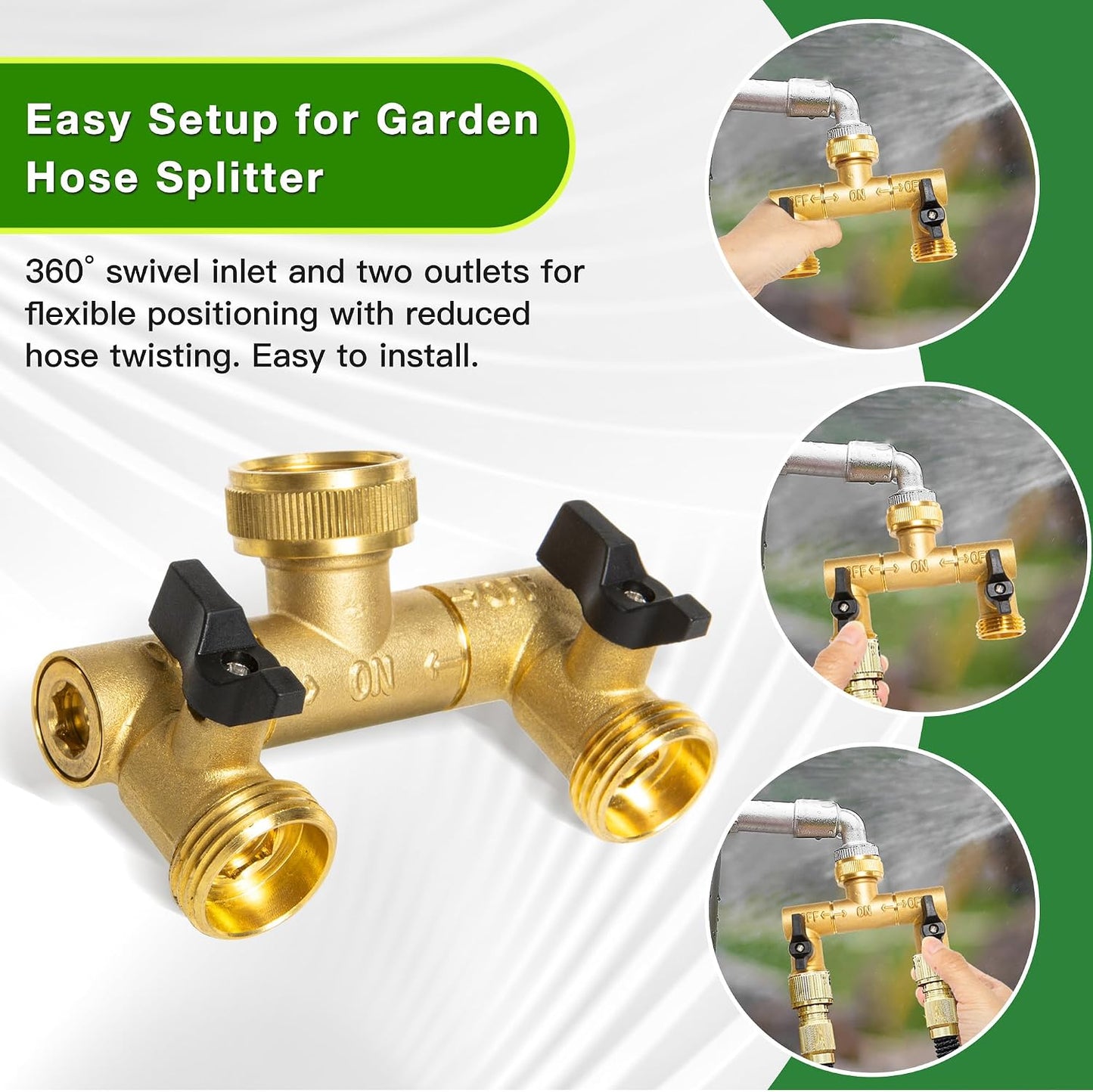 Brass Hose Splitter 2 Way, Y Garden Hose Splitter for Outdoor Faucet