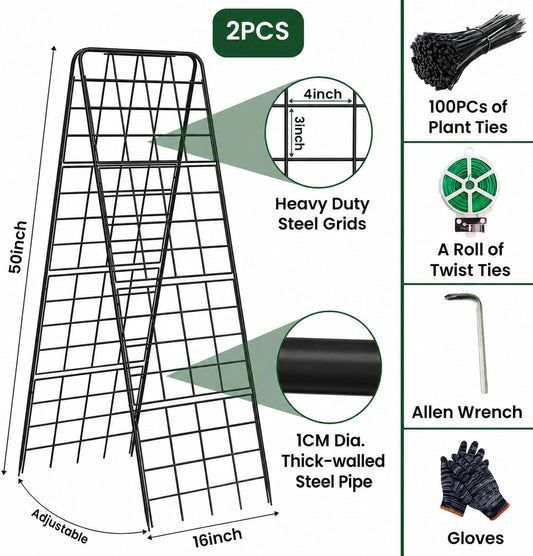 A-Frame Cucumber Trellis for Raised Bed, 50"x 16" Adjustable Heavy Duty Metal Garden Trellis for Climbing Plants Outdoor, Plant Support for Tomatoes Pea Bean Grape Vining Vegetables (2 Pack)