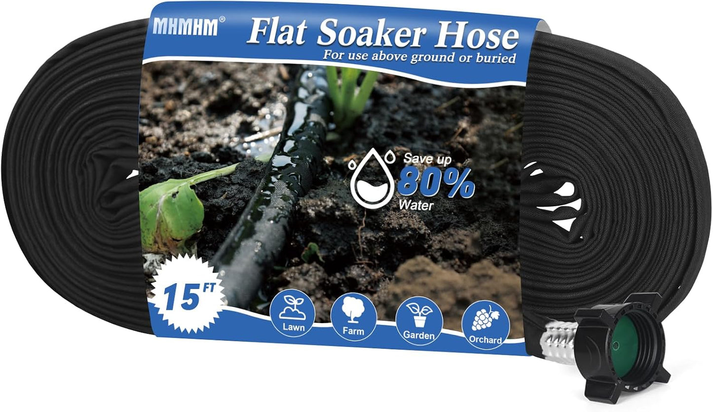 Flat Soaker Hose 15FT Heavy Duty Double Layer Design - Save 80% Water for Garden, Lawn, and Flower Bed Drip Irrigation (15FT)
