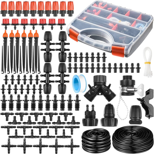 280 Pcs Drip Irrigation Kit, 147FT Garden Watering System 1/2 1/4 in Distribution Tubing Hose Automatic Patio Misting System Micro Automatic Drip Irrigation for Plant Garden Greenhouse Patio Lawn