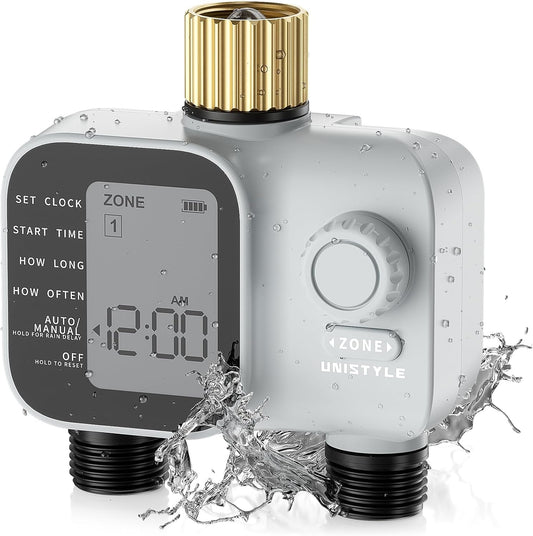 [All-New 2027] Heavy Duty Sprinkler Timer 2 Zone with Brass Inlet, Water Timer for Garden Hose with Rain Delay and Manual Water/Automatic Irrigation, Hose Timers Yard Lawn Patio