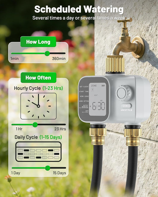 [All-New 2027] Heavy Duty Sprinkler Timer 2 Zone with Brass Inlet, Water Timer for Garden Hose with Rain Delay and Manual Water/Automatic Irrigation, Hose Timers Yard Lawn Patio