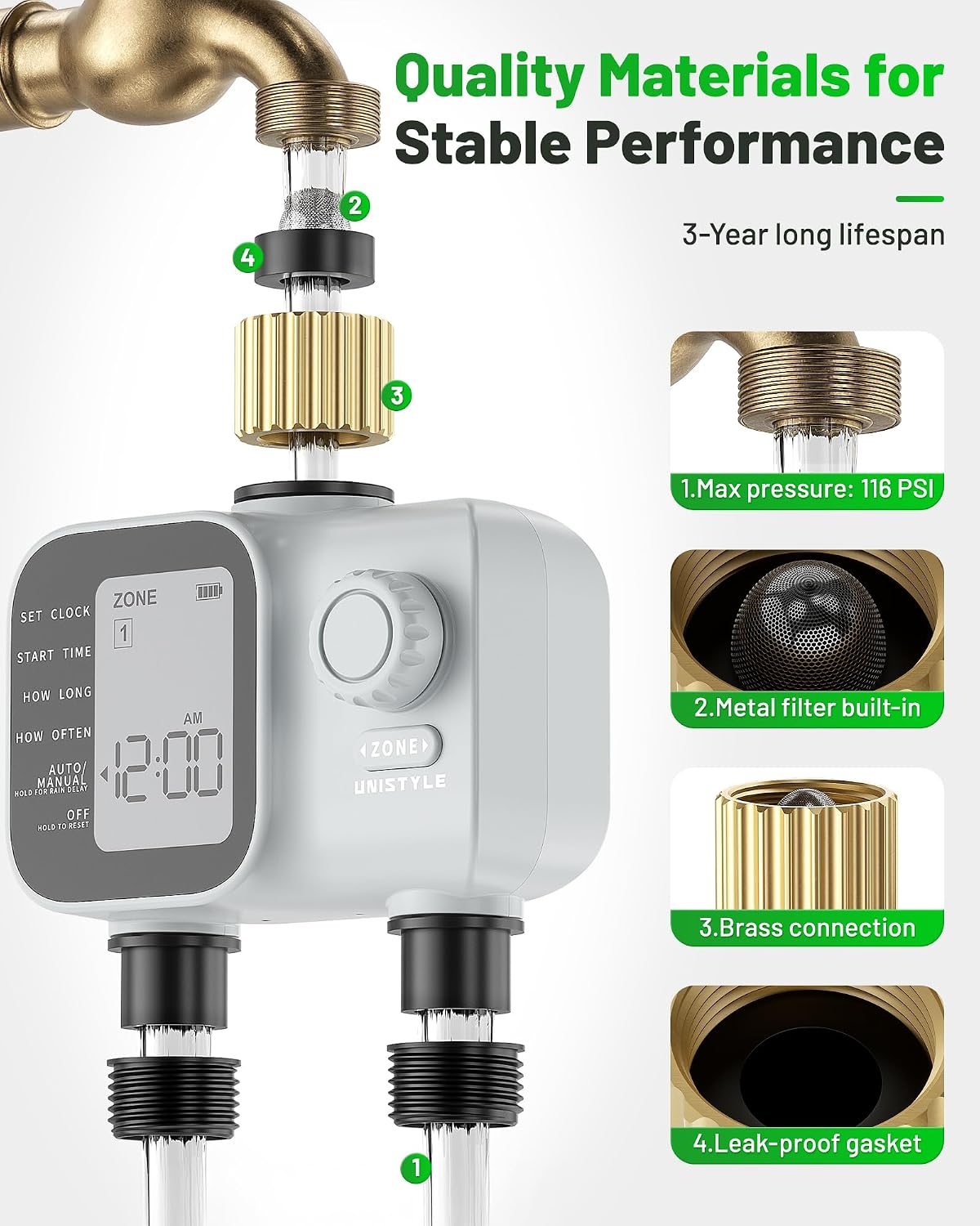 [All-New 2027] Heavy Duty Sprinkler Timer 2 Zone with Brass Inlet, Water Timer for Garden Hose with Rain Delay and Manual Water/Automatic Irrigation, Hose Timers Yard Lawn Patio