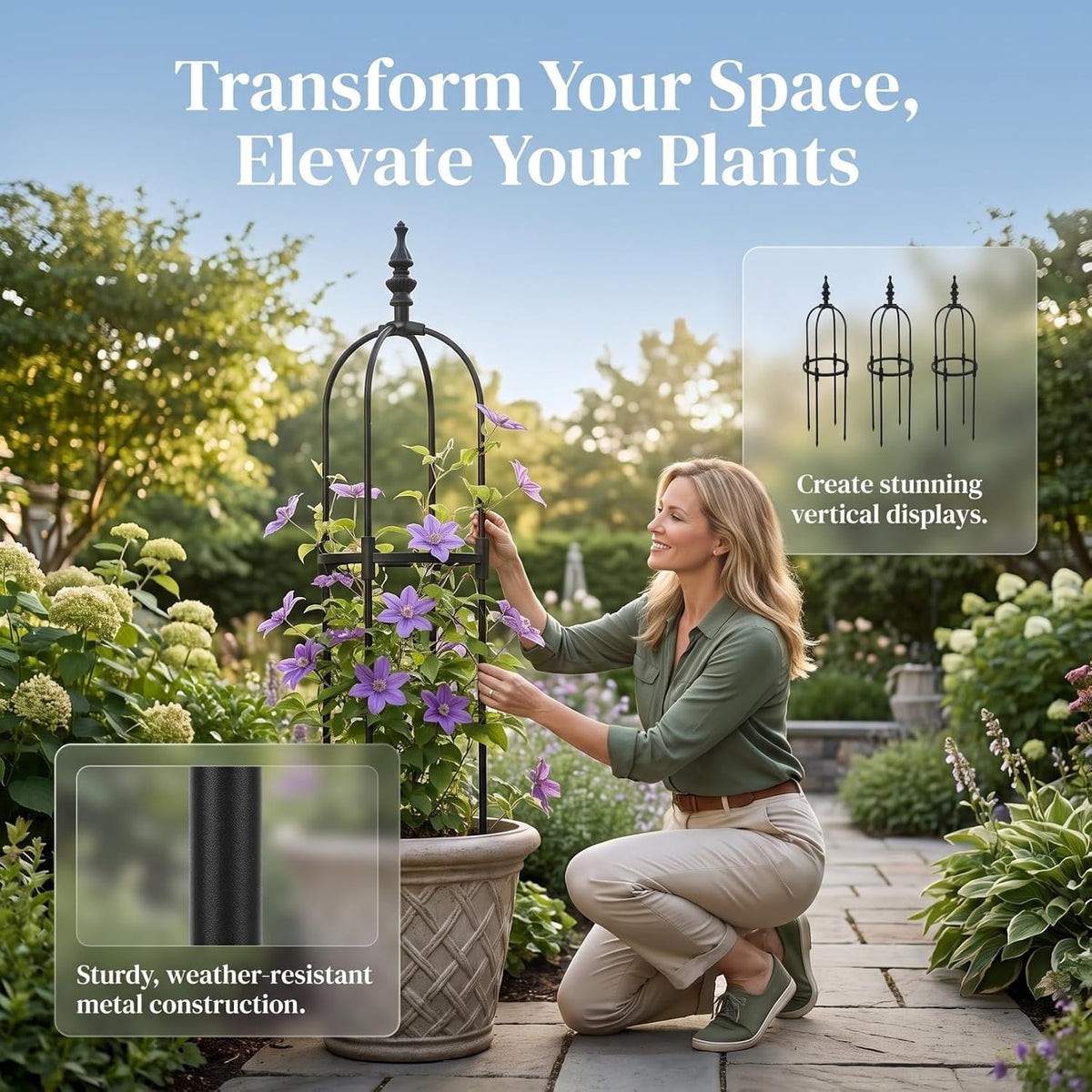 Metal Garden Trellis for Climbing Plants 8mm Outdoor Support Frame for Vines and Flowers Adjustable Height Garden Obelisk for Potted Plants for Tomatoes and Roses