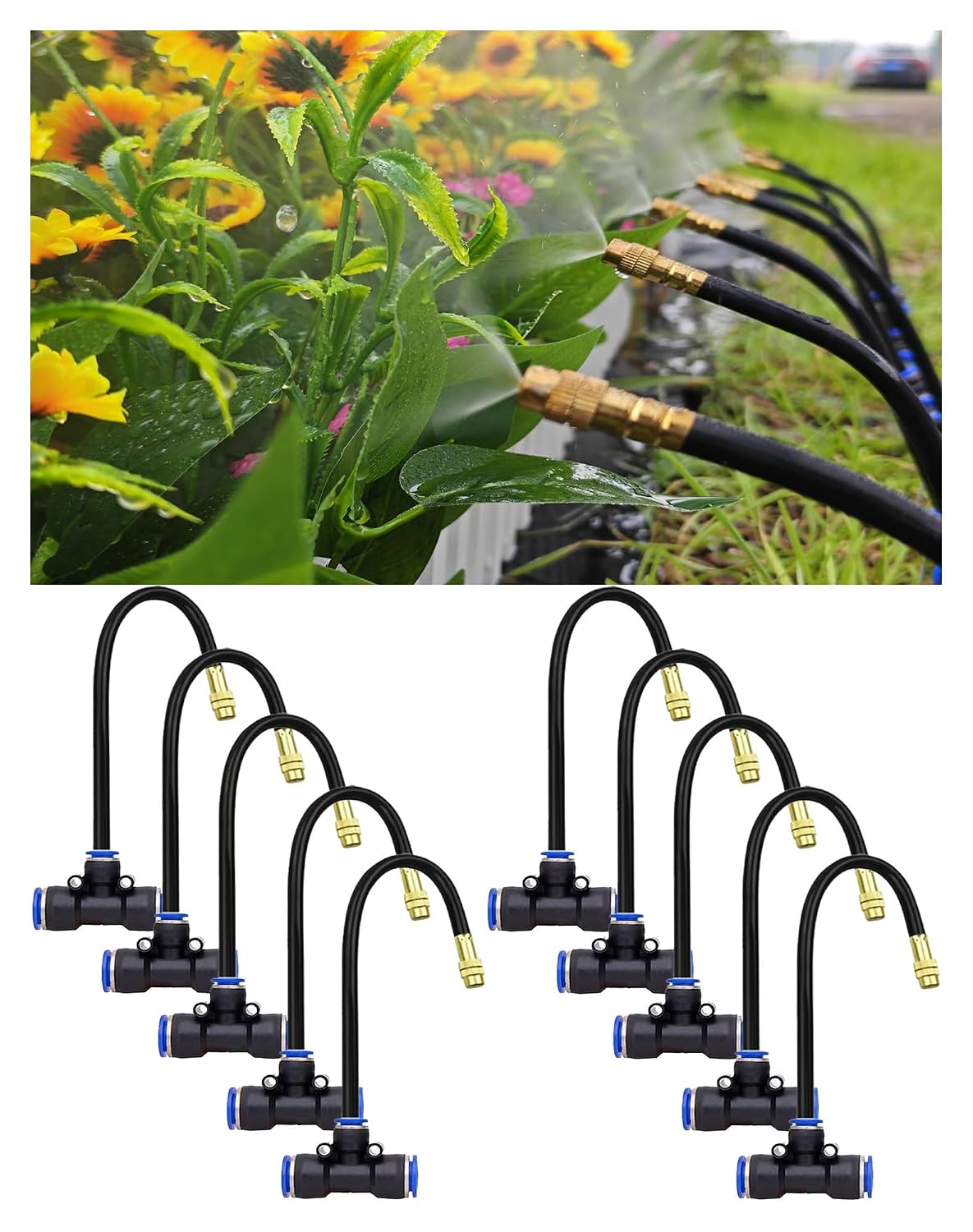 20-Piece Drip Irrigation Fitting Kit，10-Pack Misting Nozzles & 10-Pack 12-8mm Tee for Drip Irrigation – 360° Adjustable Fog Sprayers with Push-to-Connect Leak-Proof Fittings