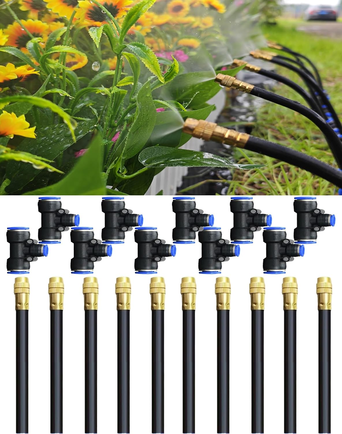 20-Piece Drip Irrigation Fitting Kit，10-Pack Misting Nozzles & 10-Pack 12-8mm Tee for Drip Irrigation – 360° Adjustable Fog Sprayers with Push-to-Connect Leak-Proof Fittings