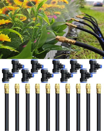 20-Piece Drip Irrigation Fitting Kit，10-Pack Misting Nozzles & 10-Pack 12-8mm Tee for Drip Irrigation – 360° Adjustable Fog Sprayers with Push-to-Connect Leak-Proof Fittings