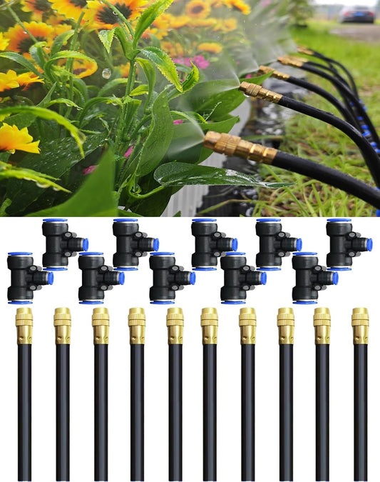 20-Piece Drip Irrigation Fitting Kit，10-Pack Misting Nozzles & 10-Pack 12-8mm Tee for Drip Irrigation – 360° Adjustable Fog Sprayers with Push-to-Connect Leak-Proof Fittings