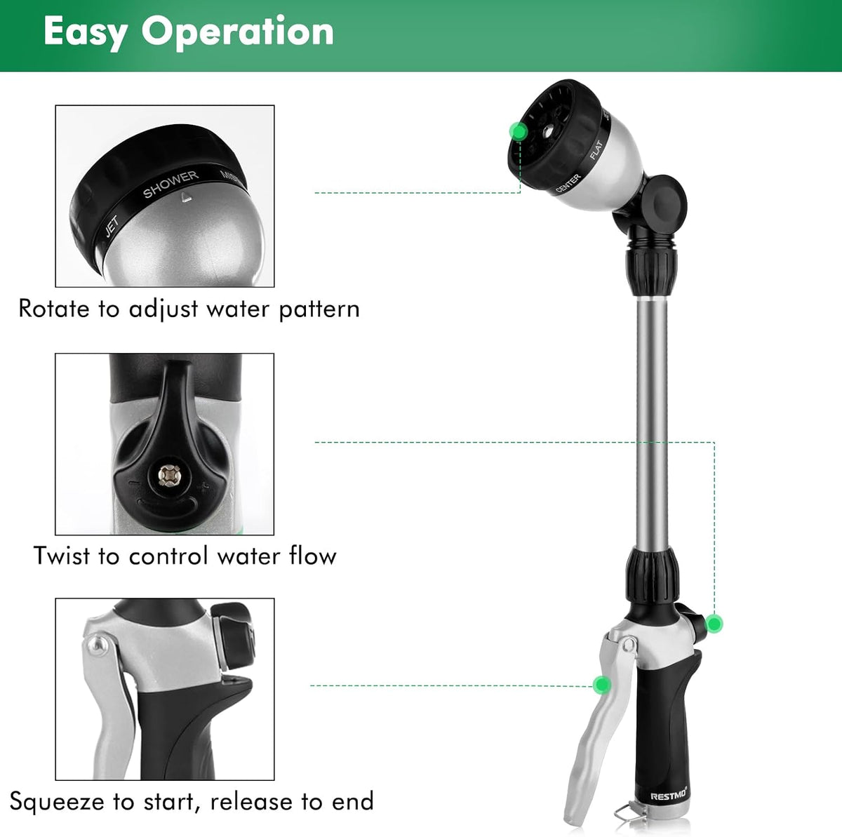Heavy Duty Metal Watering Wand, Sprayer Nozzle for Garden Hose