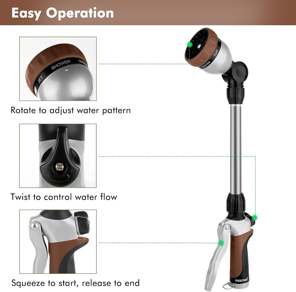 Heavy Duty Metal Watering Wand, Sprayer Nozzle for Garden Hose