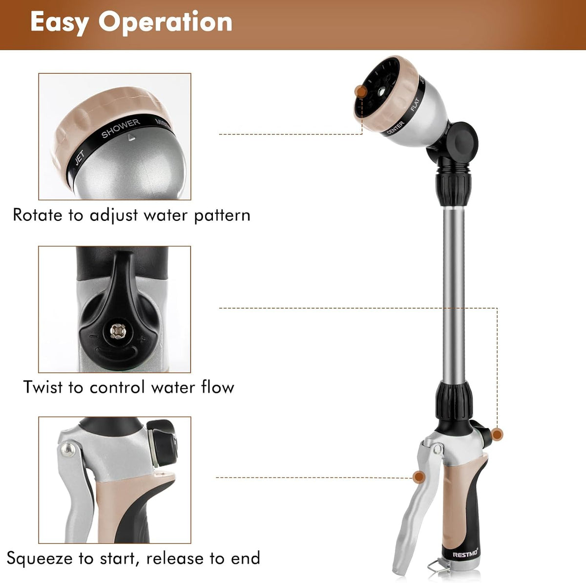 Heavy Duty Metal Watering Wand, Sprayer Nozzle for Garden Hose