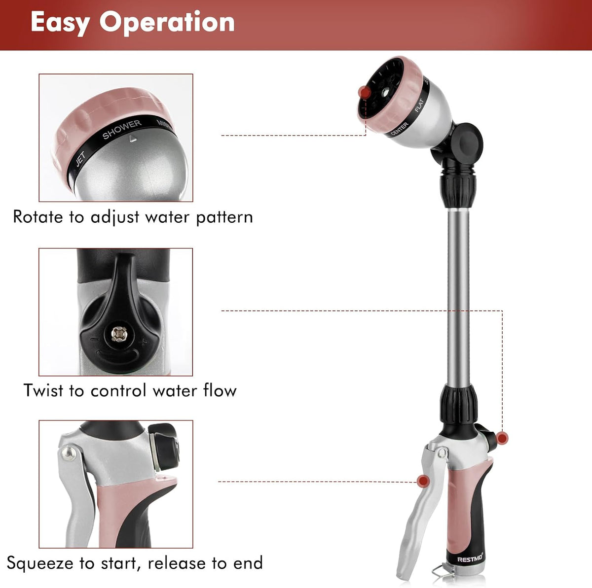 Heavy Duty Metal Watering Wand, Sprayer Nozzle for Garden Hose