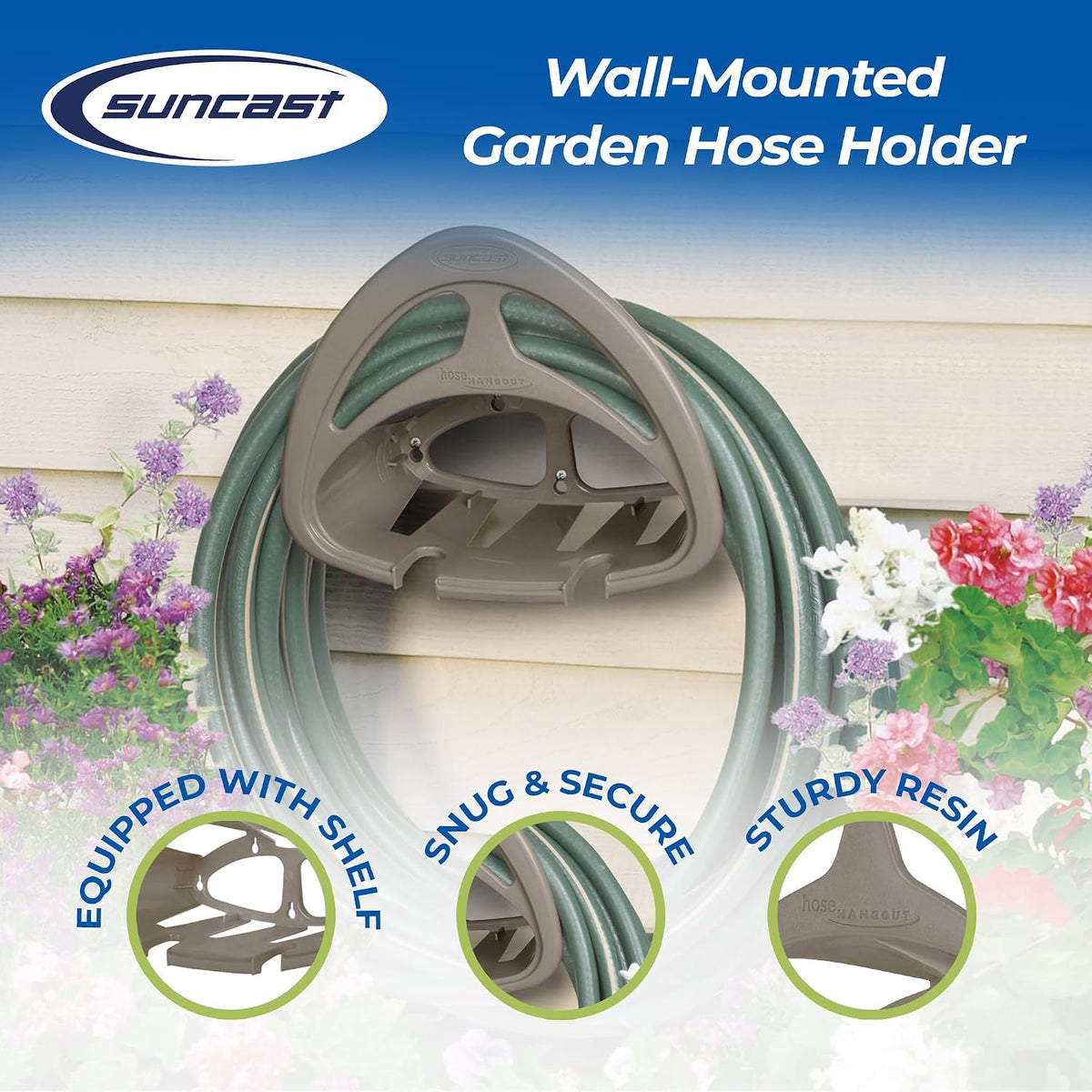 2 Pack Hangout HH150 Outdoor Wall Mounted Durable Resin Garden Hose Holder with Accessories Shelf, Designed for 150 Foot Garden Hoses, Taupe