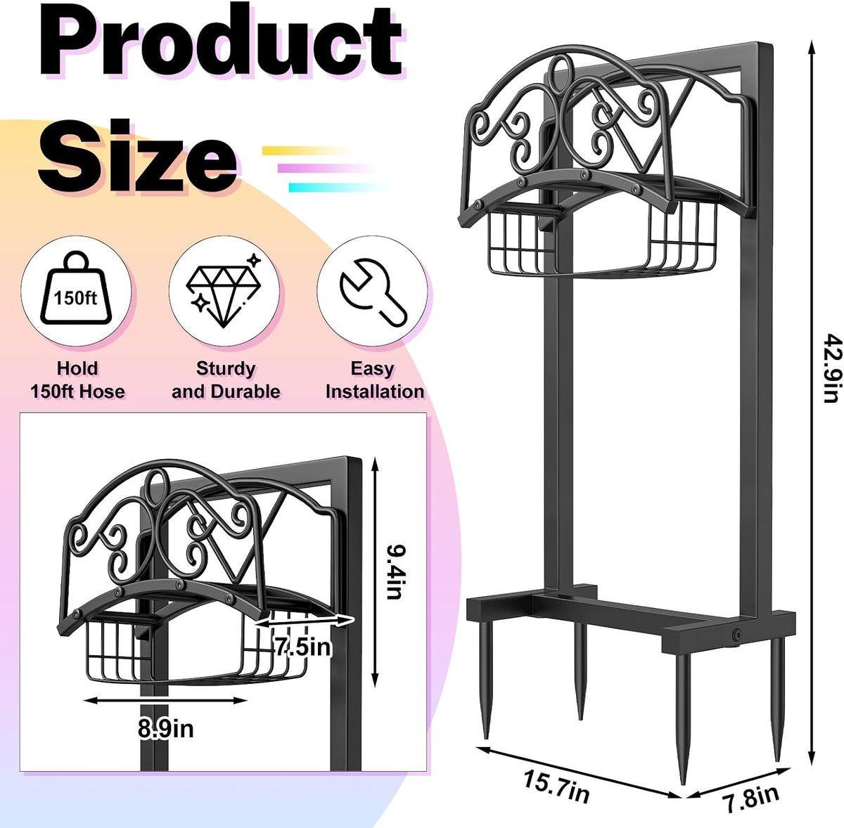 Garden Hose Holder with Storage Basket,Heavy Duty 4 Spikes,Coil