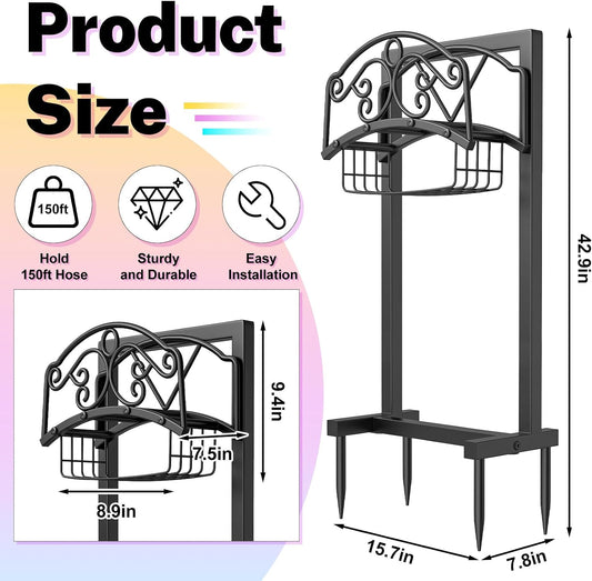 Garden Hose Holder with Storage Basket,Heavy Duty 4 Spikes,Coil