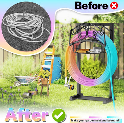 Garden Hose Holder with Storage Basket,Heavy Duty 4 Spikes,Coil