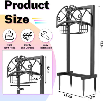 Garden Hose Holder with Storage Basket,Heavy Duty 4 Spikes,Coil