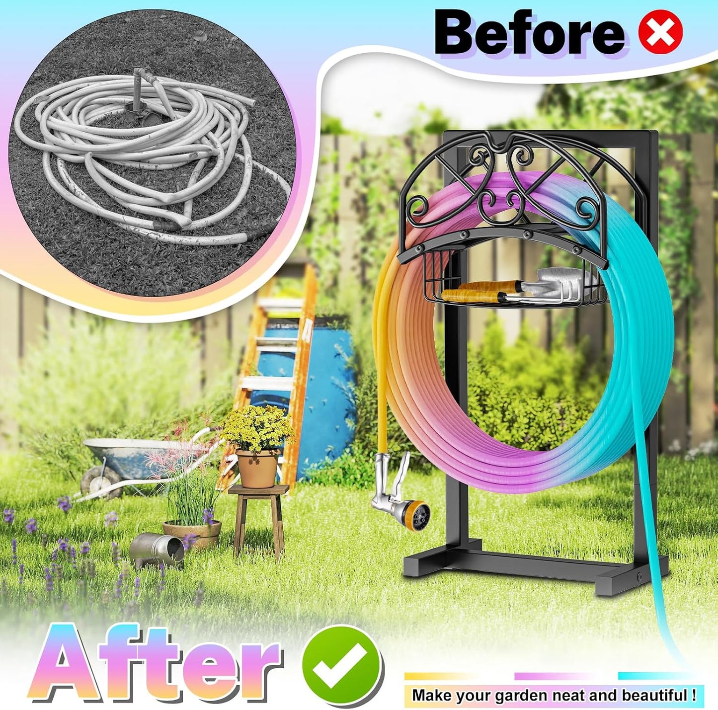 Garden Hose Holder with Storage Basket,Heavy Duty 4 Spikes,Coil