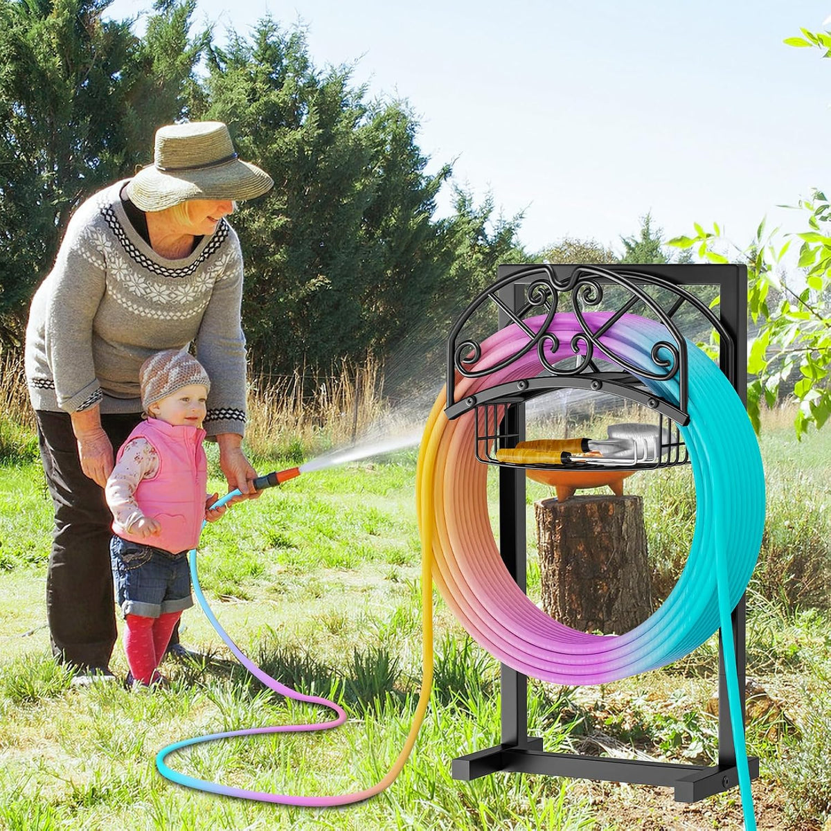 Garden Hose Holder with Storage Basket,Heavy Duty 4 Spikes,Coil