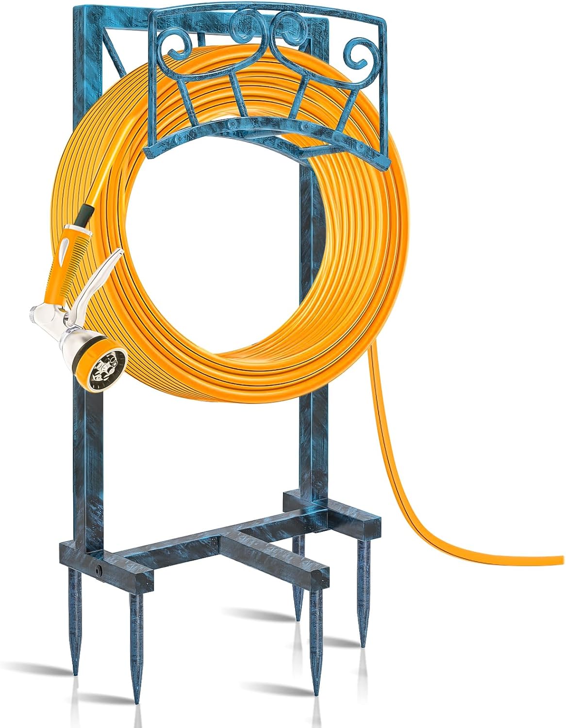 Garden Hose Holder, Heavy Duty Metal Water Hose Holders Hose Stand with 5 Spikes, Freestanding Hose Storage Rack Hose Hanger Holds 150ft Hose for Outside Yard Lawn Garden Decor (Retro Blue)