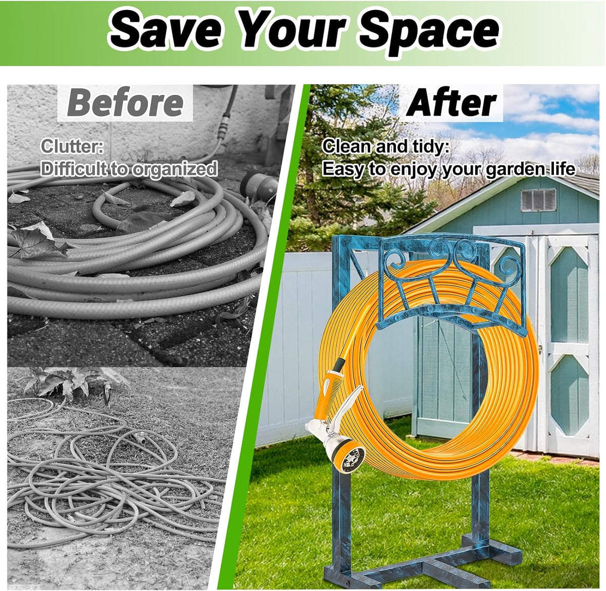 Garden Hose Holder, Heavy Duty Metal Water Hose Holders Hose Stand with 5 Spikes, Freestanding Hose Storage Rack Hose Hanger Holds 150ft Hose for Outside Yard Lawn Garden Decor (Retro Blue)