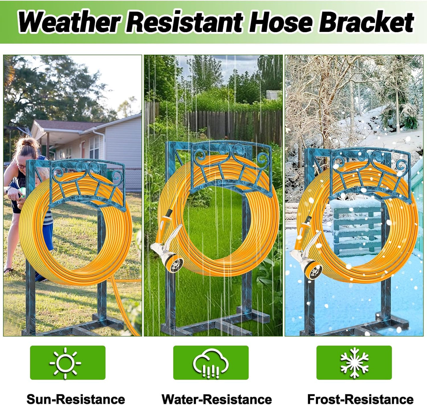 Garden Hose Holder, Heavy Duty Metal Water Hose Holders Hose Stand with 5 Spikes, Freestanding Hose Storage Rack Hose Hanger Holds 150ft Hose for Outside Yard Lawn Garden Decor (Retro Blue)