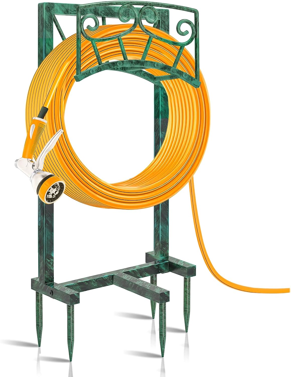 Garden Hose Holder, Heavy Duty Metal Water Hose Holders Hose Stand with 5 Spikes, Freestanding Hose Storage Rack Hose Hanger Holds 150ft Hose for Outside Yard Lawn Garden Decor (Retro Blue)