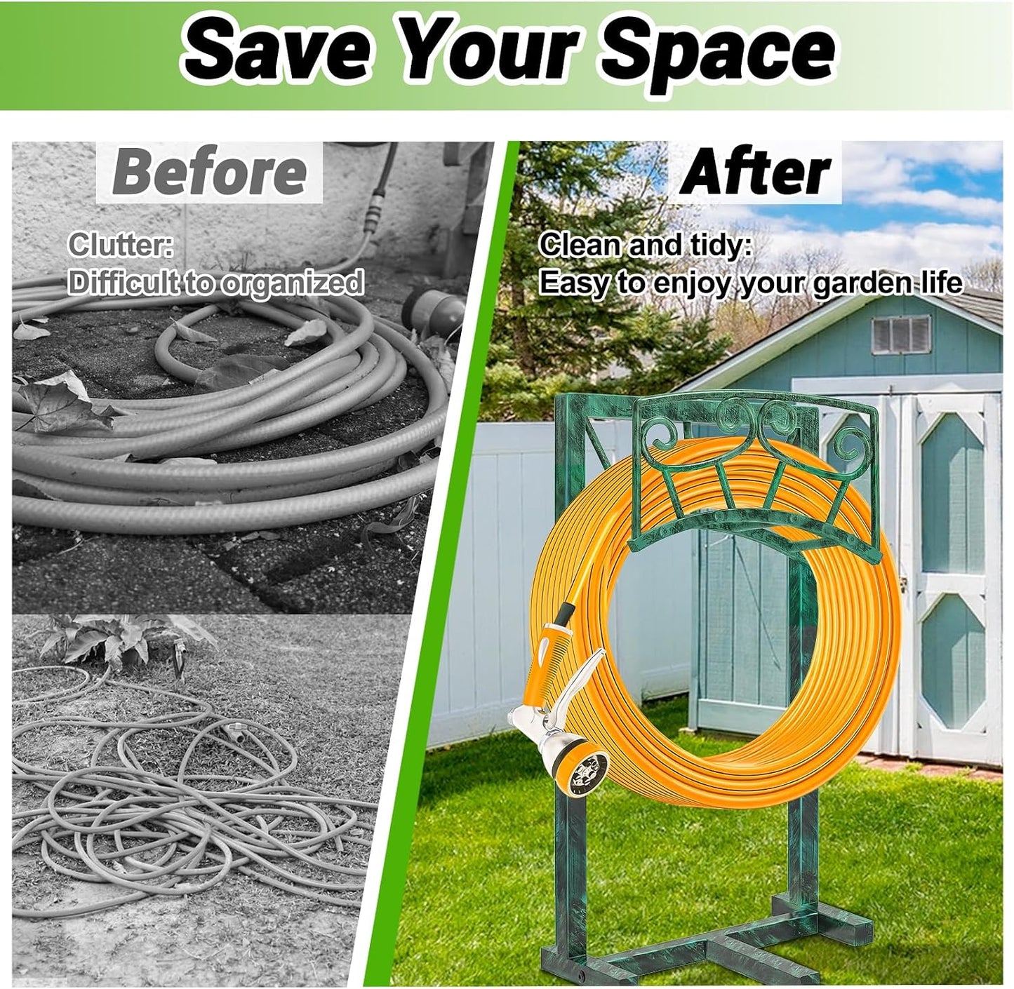 Garden Hose Holder, Heavy Duty Metal Water Hose Holders Hose Stand with 5 Spikes, Freestanding Hose Storage Rack Hose Hanger Holds 150ft Hose for Outside Yard Lawn Garden Decor (Retro Blue)