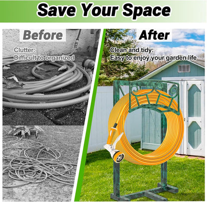 Garden Hose Holder, Heavy Duty Metal Water Hose Holders Hose Stand with 5 Spikes, Freestanding Hose Storage Rack Hose Hanger Holds 150ft Hose for Outside Yard Lawn Garden Decor (Retro Blue)