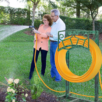 Garden Hose Holder, Heavy Duty Metal Water Hose Holders Hose Stand with 5 Spikes, Freestanding Hose Storage Rack Hose Hanger Holds 150ft Hose for Outside Yard Lawn Garden Decor (Retro Blue)