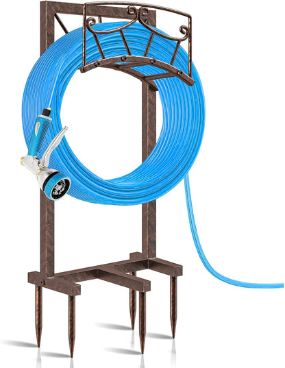 Garden Hose Holder, Heavy Duty Metal Water Hose Holders Hose Stand with 5 Spikes, Freestanding Hose Storage Rack Hose Hanger Holds 150ft Hose for Outside Yard Lawn Garden Decor (Retro Blue)