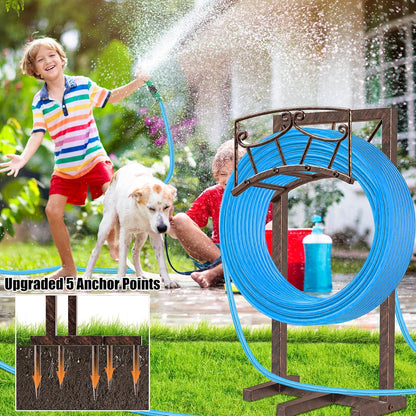 Garden Hose Holder, Heavy Duty Metal Water Hose Holders Hose Stand with 5 Spikes, Freestanding Hose Storage Rack Hose Hanger Holds 150ft Hose for Outside Yard Lawn Garden Decor (Retro Blue)