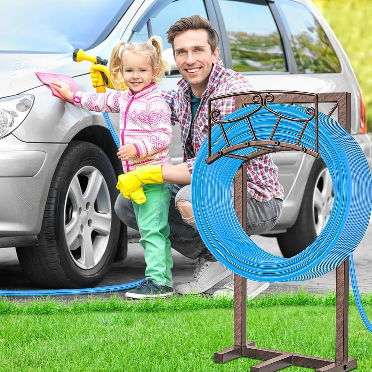Garden Hose Holder, Heavy Duty Metal Water Hose Holders Hose Stand with 5 Spikes, Freestanding Hose Storage Rack Hose Hanger Holds 150ft Hose for Outside Yard Lawn Garden Decor (Retro Blue)