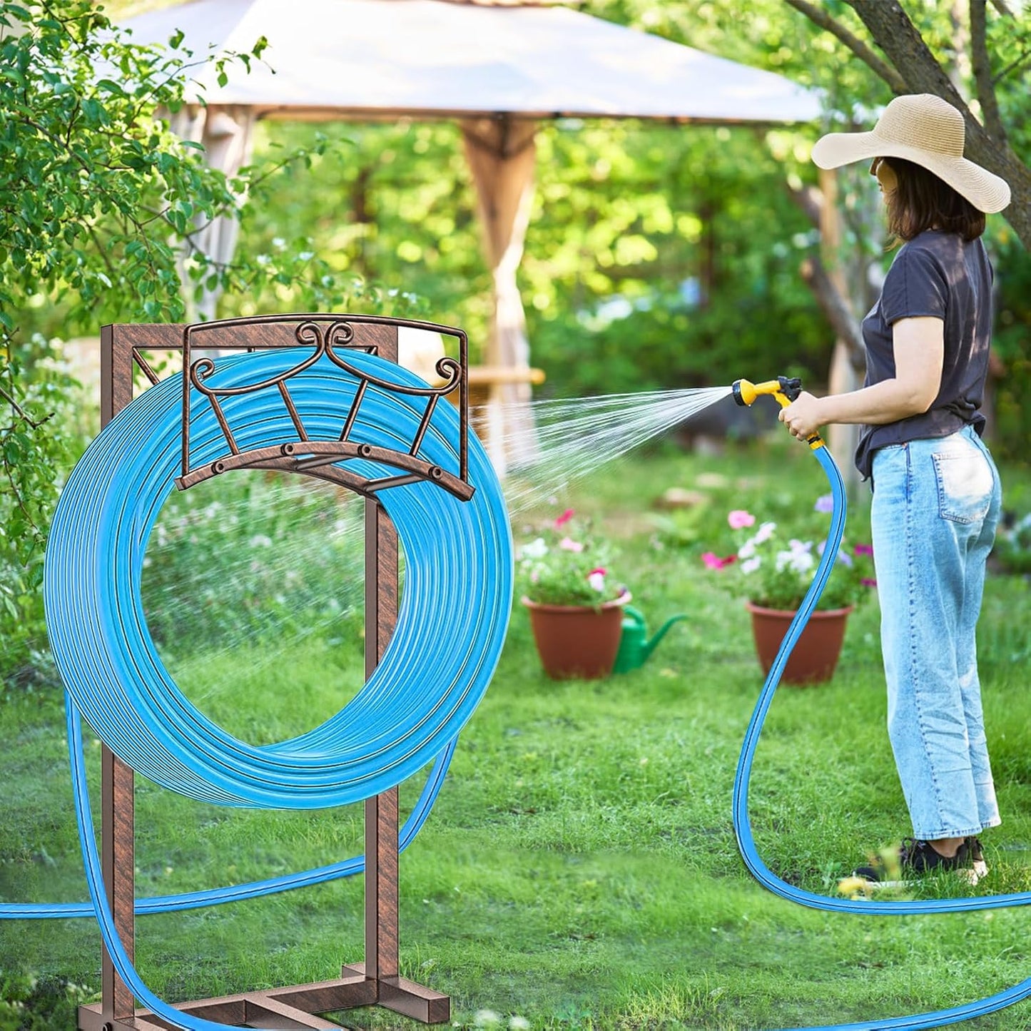 Garden Hose Holder, Heavy Duty Metal Water Hose Holders Hose Stand with 5 Spikes, Freestanding Hose Storage Rack Hose Hanger Holds 150ft Hose for Outside Yard Lawn Garden Decor (Retro Blue)