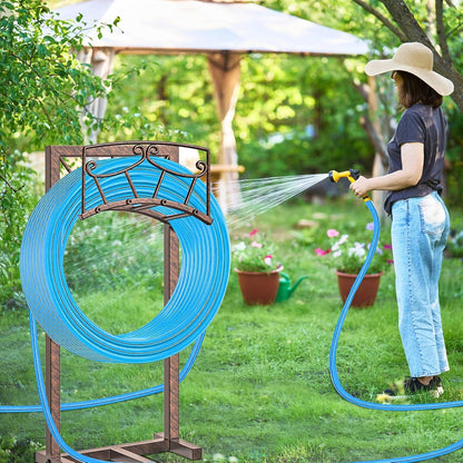 Garden Hose Holder, Heavy Duty Metal Water Hose Holders Hose Stand with 5 Spikes, Freestanding Hose Storage Rack Hose Hanger Holds 150ft Hose for Outside Yard Lawn Garden Decor (Retro Blue)
