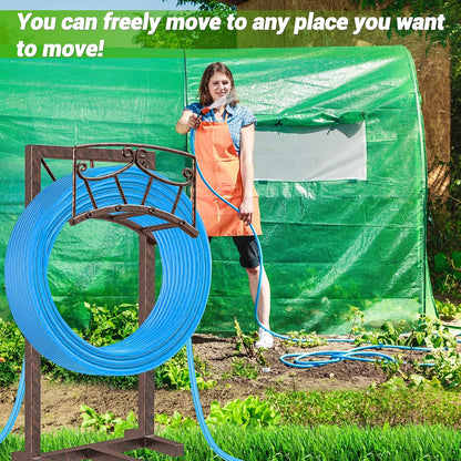 Garden Hose Holder, Heavy Duty Metal Water Hose Holders Hose Stand with 5 Spikes, Freestanding Hose Storage Rack Hose Hanger Holds 150ft Hose for Outside Yard Lawn Garden Decor (Retro Blue)