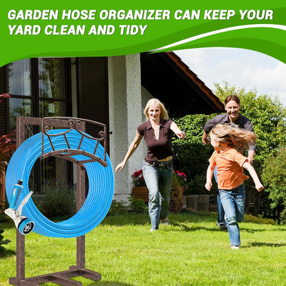 Garden Hose Holder, Heavy Duty Metal Water Hose Holders Hose Stand with 5 Spikes, Freestanding Hose Storage Rack Hose Hanger Holds 150ft Hose for Outside Yard Lawn Garden Decor (Retro Blue)