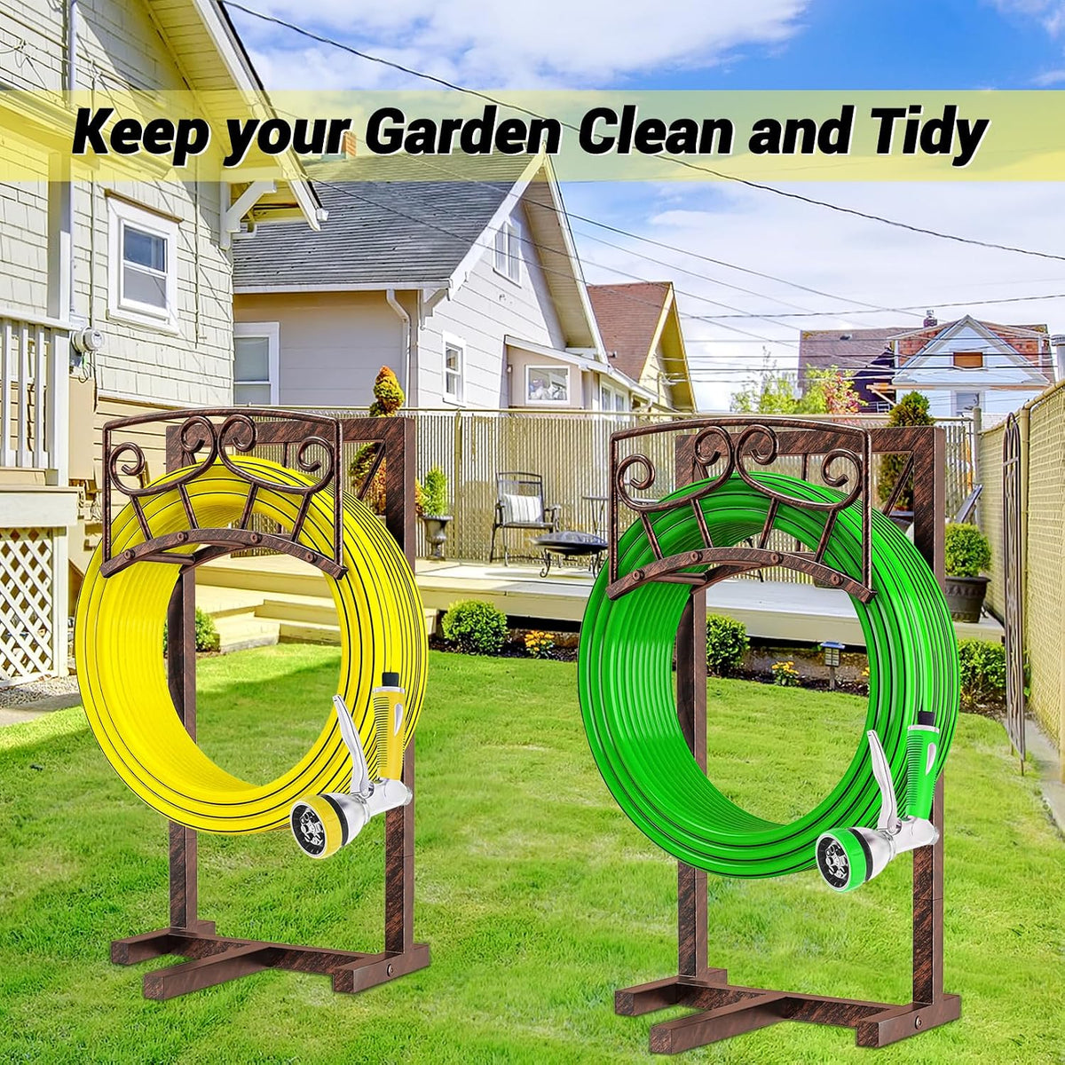 Garden Hose Holder, Heavy Duty Metal Water Hose Holders Hose Stand with 5 Spikes, Freestanding Hose Storage Rack Hose Hanger Holds 150ft Hose for Outside Yard Lawn Garden Decor (Retro Blue)