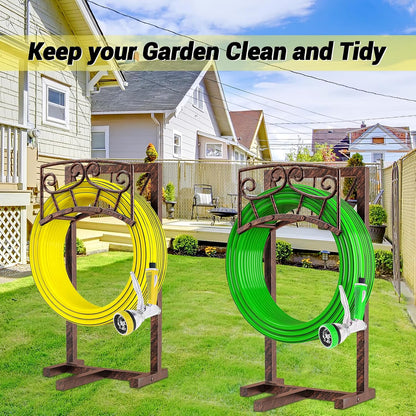 Garden Hose Holder, Heavy Duty Metal Water Hose Holders Hose Stand with 5 Spikes, Freestanding Hose Storage Rack Hose Hanger Holds 150ft Hose for Outside Yard Lawn Garden Decor (Retro Blue)