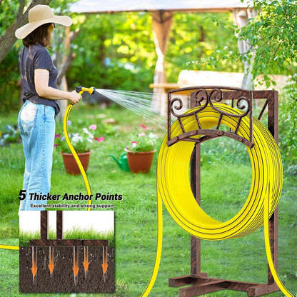 Garden Hose Holder, Heavy Duty Metal Water Hose Holders Hose Stand with 5 Spikes, Freestanding Hose Storage Rack Hose Hanger Holds 150ft Hose for Outside Yard Lawn Garden Decor (Retro Blue)